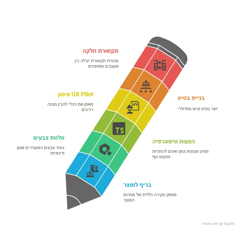 שלבי העבודה עם AI בתהליך UX UI: בריף למוצר, פלטת צבעים, הצעות טיפוגרפיה, אימון UX Pilot, בניית בסיס ותקשורת חלקה בין מעצבים למפתחים