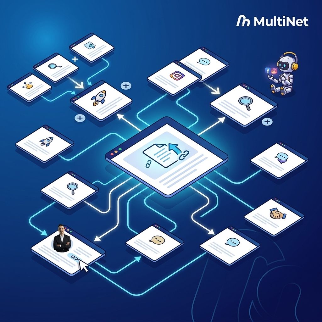 תרשים זרימה המציג קישורים פנימיים אסטרטגיים בין מאמרים באתר