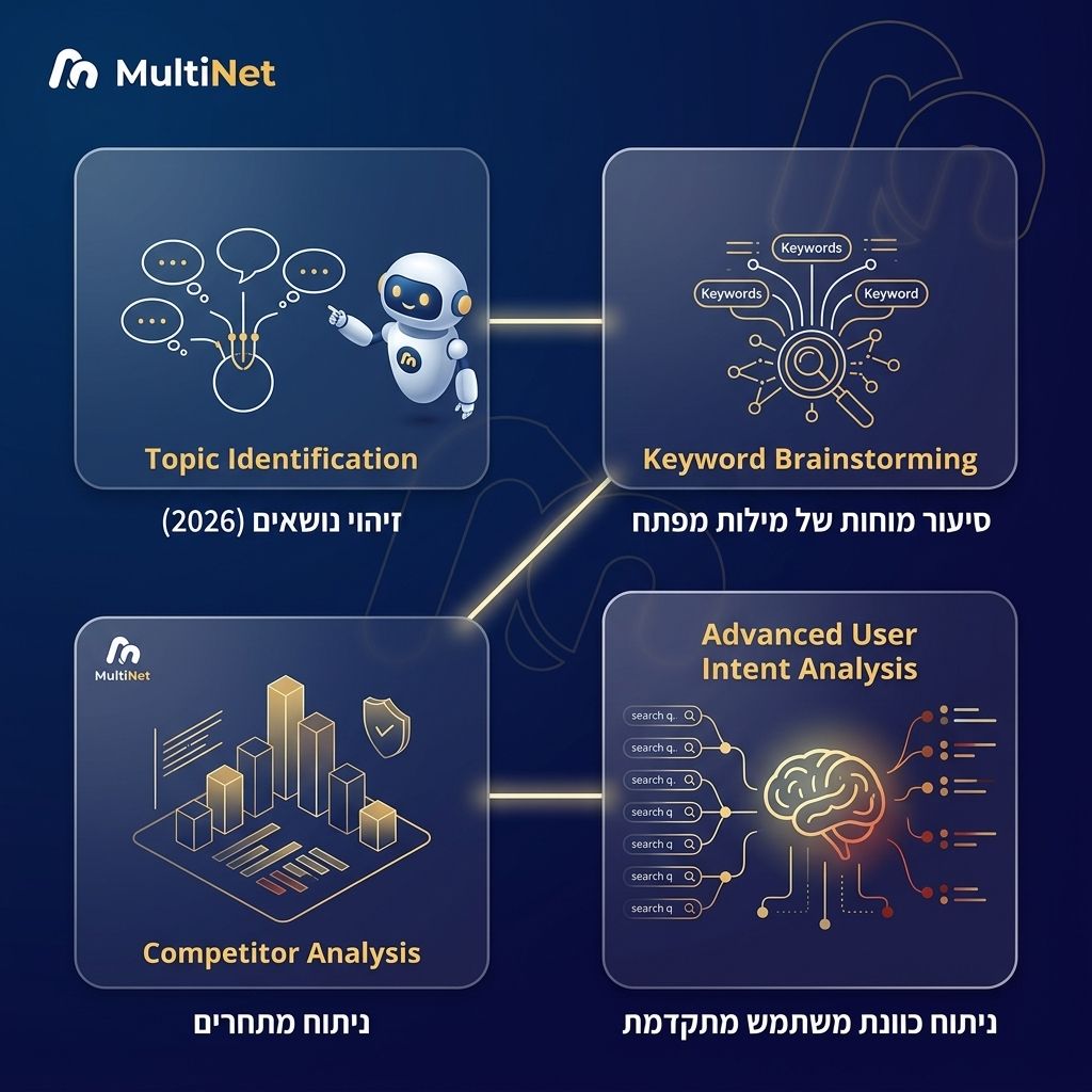 גרף המציג את תהליך מחקר מילות המפתח המודרני משלב זיהוי נושאים ועד לניתוח כוונת משתמש מתקדמת