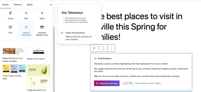 בלוק הסיכום של Yoast AI Summarize בעורך וורדפרס